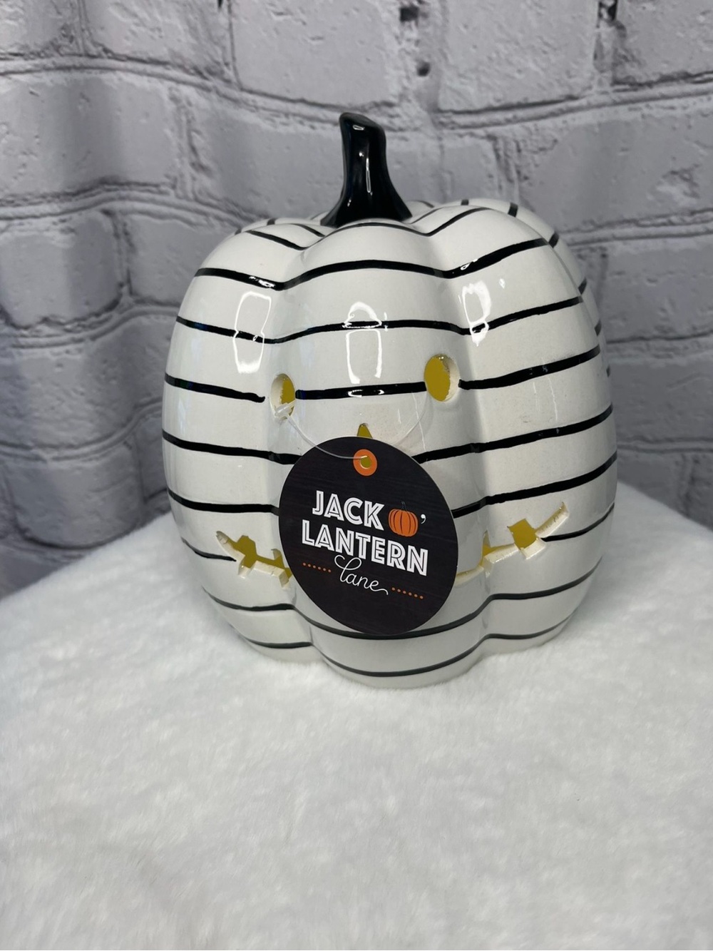 *NEW* Striped White Ceramic Pumpkin Lantern - Festive Black & White Accent
